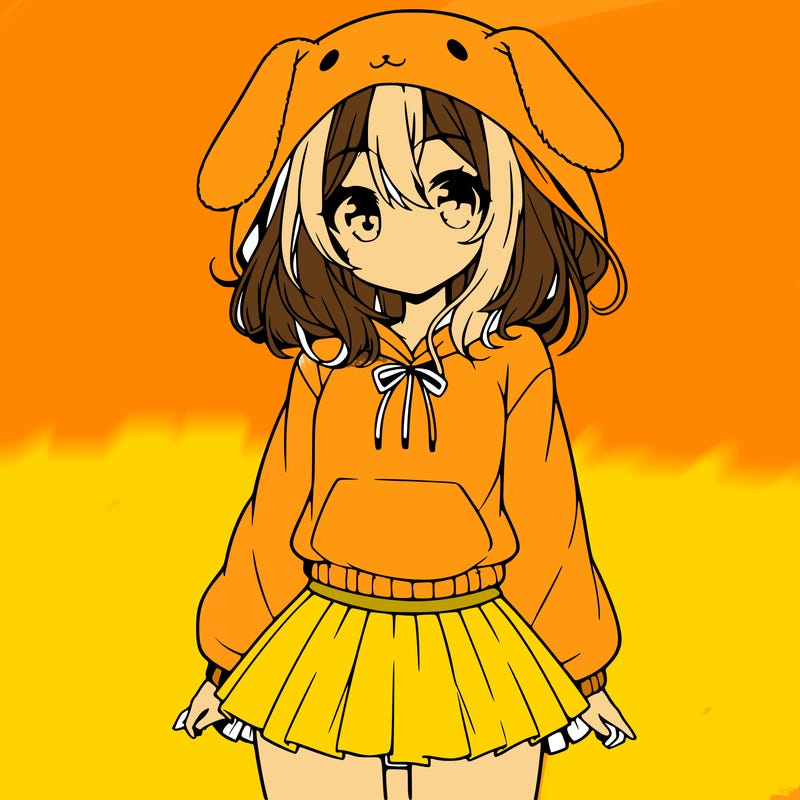 pretty anime girl wearing a fluffy hoodie with bunny ears on the hood and a skirt