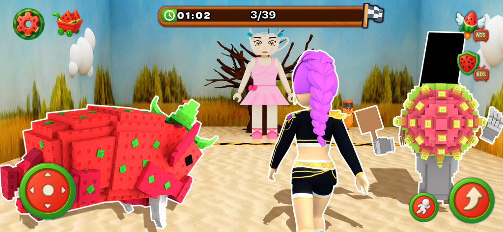 Watermelon World Challenge - A 3D character playing the Red Green Mode in Watermelon World Challenge featuring a giant doll.