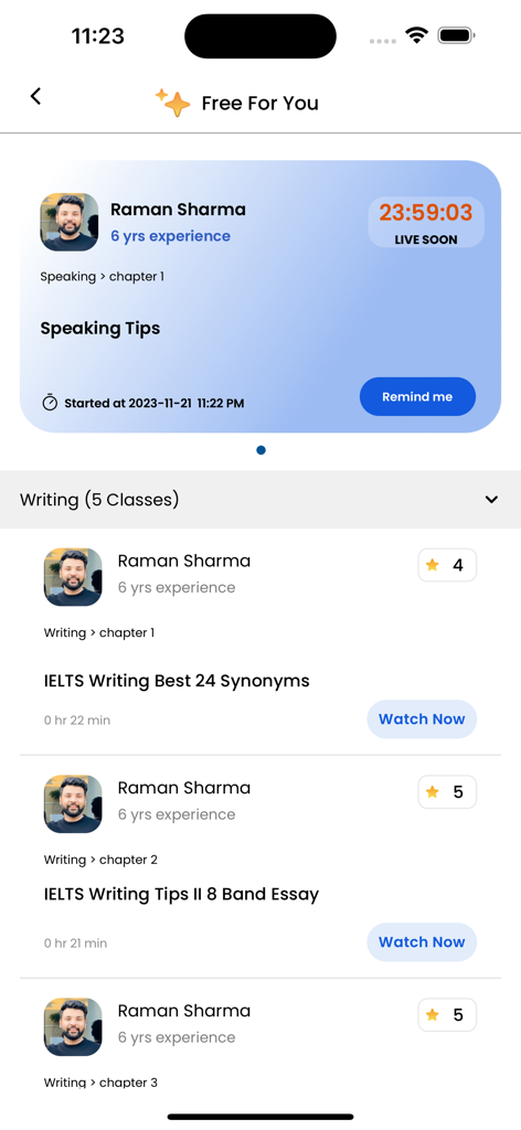 IELTS PTE Exam Prep - BabyCode - Interface of the BabyCode app displaying free IELTS writing video lessons and upcoming speaking tips session by an experienced tutor