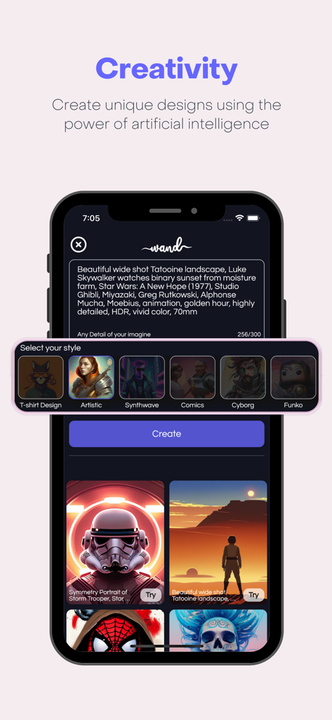 Wand AI Magical Art Generator - Interface of Wand AI app showing text-to-image generation with various artistic styles