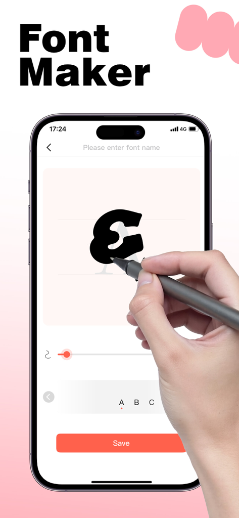 iFonts: Text Fonts & Keyboard - iFonts 앱 내에서 아이폰 화면에 사용자 정의 글꼴 문자를 디자인하기 위해 디지털 펜을 사용하는 손