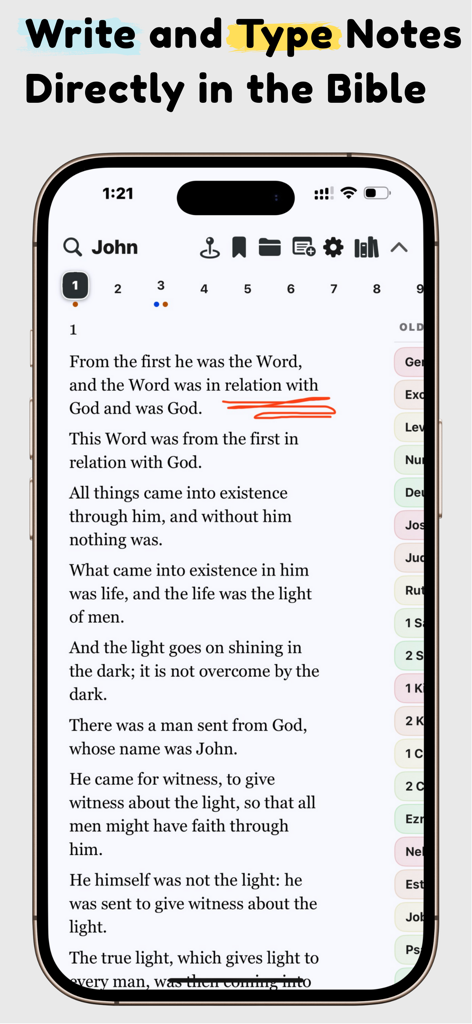 Pantalla de smartphone mostrando la aplicación Bible Tiles con anotaciones escritas a mano sobre un pasaje de las escrituras.
