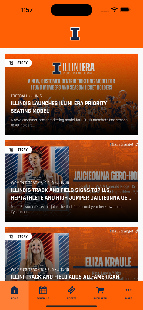 Fighting Illini - Home screen of the Fighting Illini app displaying recent sports news and team updates.