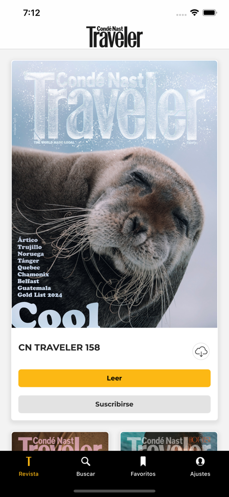 Conde Nast Traveler España - Conde Nast Traveler España mobile app interface displaying a magazine cover with a seal and travel destination titles