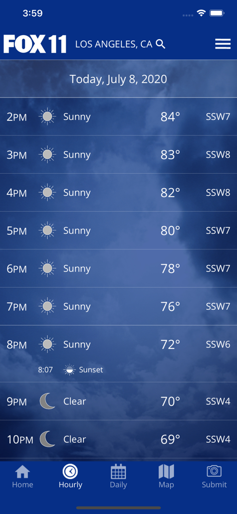 FOX 11 앱의 로스앤젤레스 시간별 일기 예보 화면, 맑고 깨끗한 날씨 조건과 기온 및 바람 속도 표시