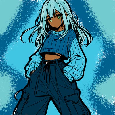 anime teen girl with baggy pants and crop top with sweater