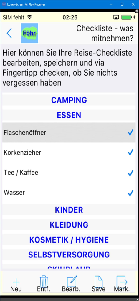Mobile app interface showing a travel packing checklist with categories for food camping and clothing