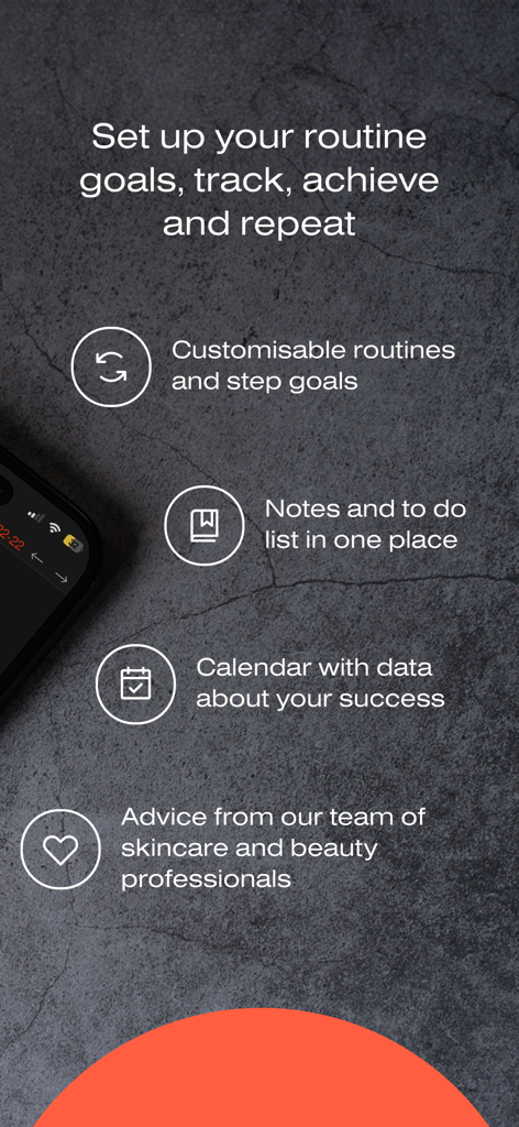 CLM Discipline guide - Lista de características de la Guía de Disciplina CLM que incluyen rutinas personalizables, calendario de progreso y consejos de profesionales de la belleza