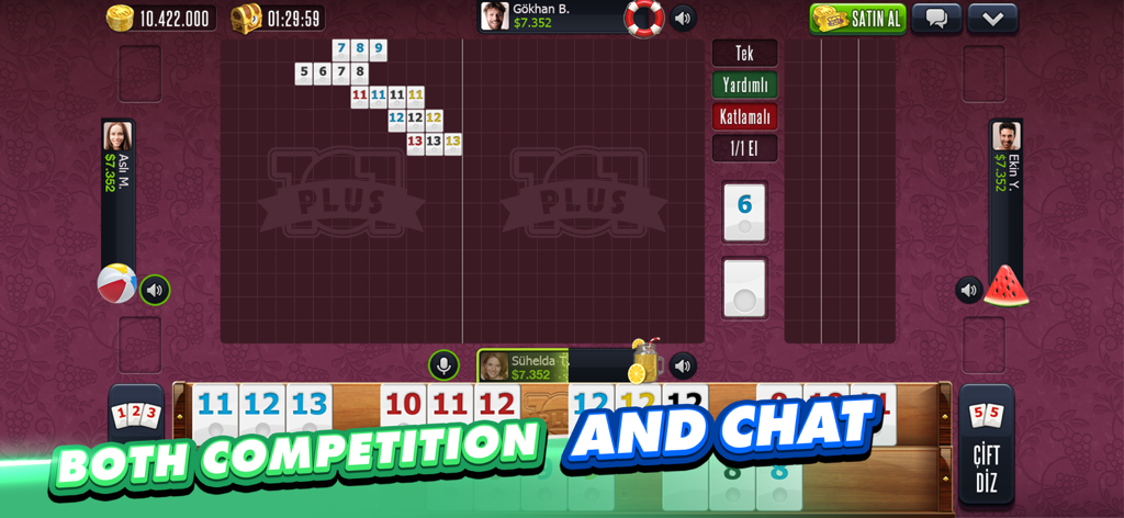 Gameplay screenshot of 101 Okey Plus showing tile sets and players with a text overlay highlighting competition and chat features