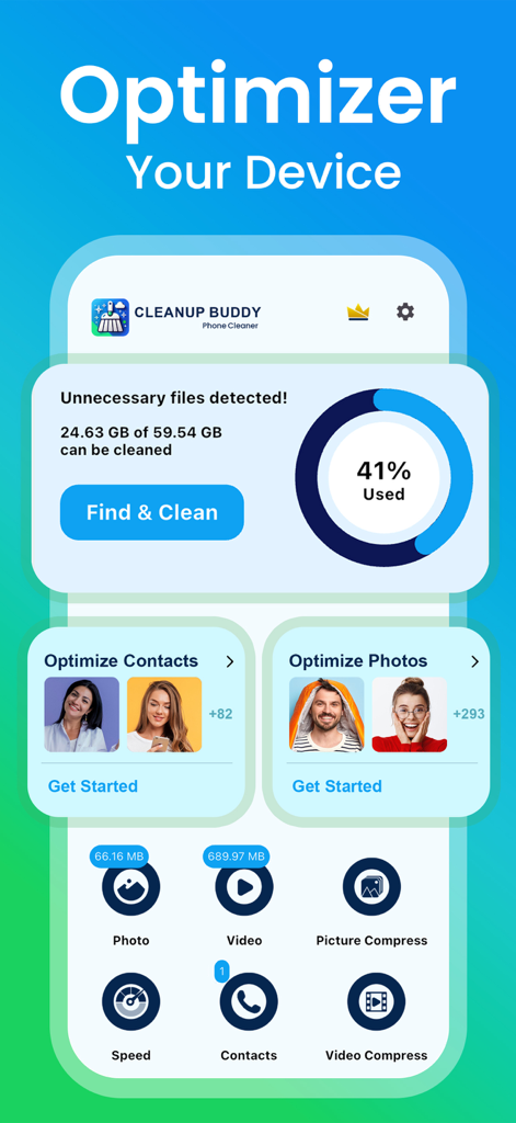 CleanUp Buddy: Phone Cleaner - Dashboard of the CleanUp Buddy app displaying storage usage and device optimization features.