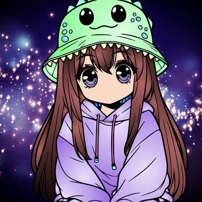 girl with anime shaped eyes with a dinosaur bucket hat oversized sweatshirt long straight hair