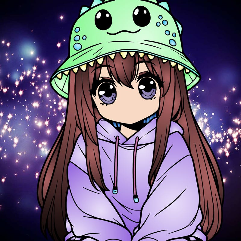 girl with anime shaped eyes with a dinosaur bucket hat oversized sweatshirt long straight hair