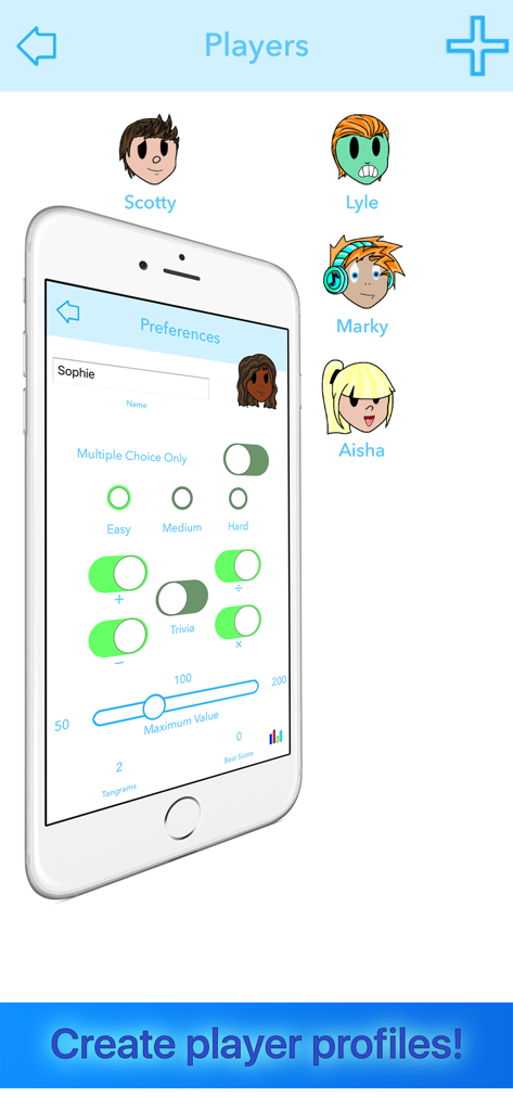 Classroom Math Drills - Ecrã que mostra a seleção do avatar do jogador e as definições individuais de prática de matemática para diferentes alunos