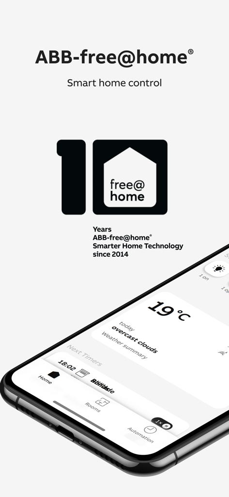 ABB-free@home® Next - Smartphone mostrando la aplicación ABB-free-home Next de control de hogar inteligente con panel de control