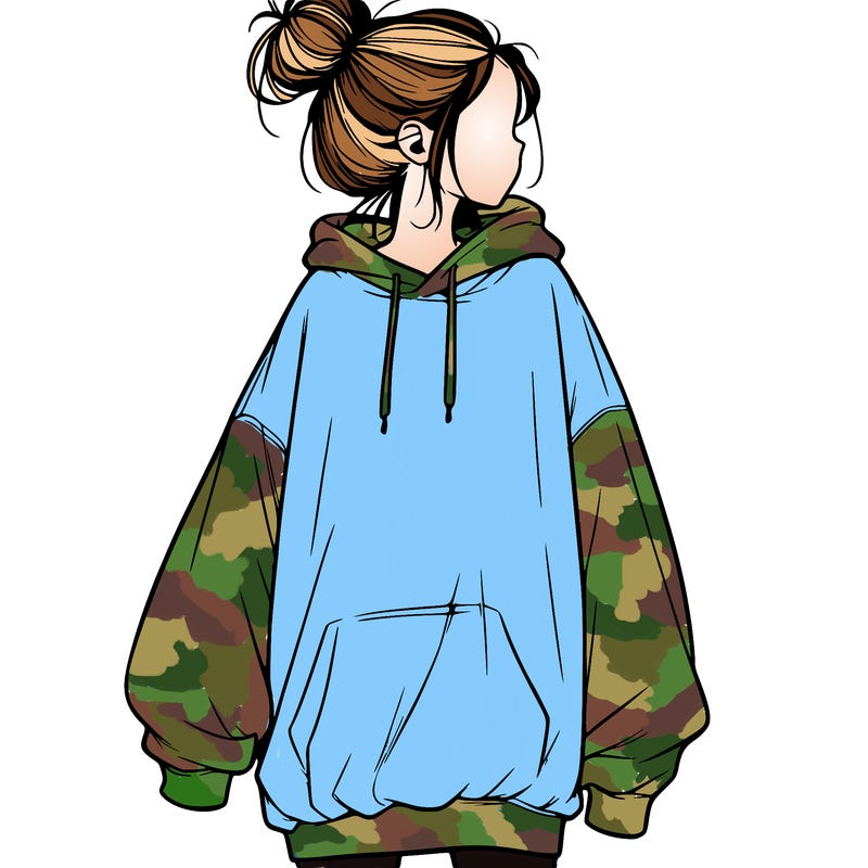 realistic girl with a oversized sweatshirt on and a bun