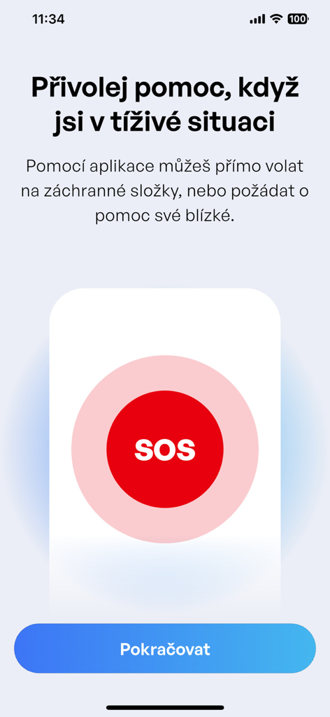 Maják - Pantalla de inicio de la aplicación de seguridad personal Majak con un gran botón SOS rojo para llamar a los servicios de emergencia o a los seres queridos.