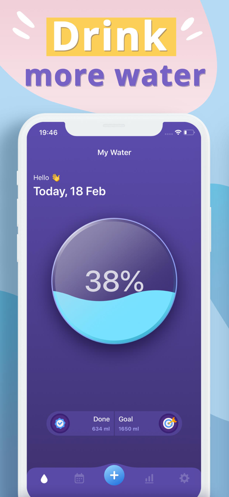 My Water - Daily Water Tracker - Mobile app screen for My Water showing hydration progress at thirty eight percent