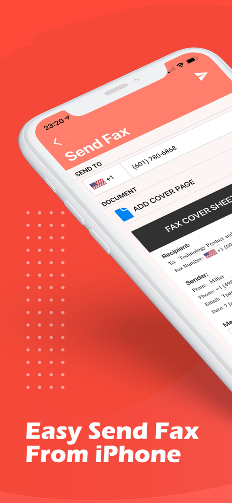 Mobile app interface for sending faxes from an iPhone showing recipient fields and a fax cover sheet.