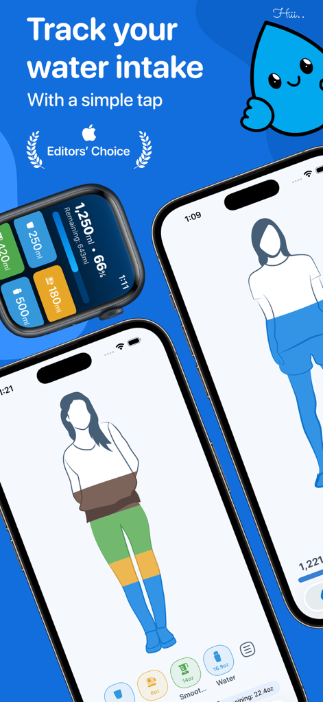 Water Tracker by WaterMinder® - iPhoneとApple WatchのWaterMinderアプリ。ビジュアルなシルエットで水分補給の進捗を表示