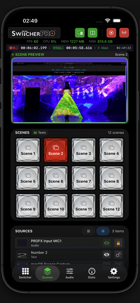 Switcher Pro - Interfaz de Switcher Pro que muestra una cuadrícula de escenas y una previsualización en vivo para OBS Studio