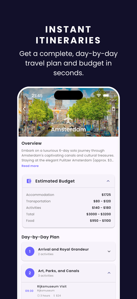 Interface do aplicativo móvel mostrando um roteiro de viagem detalhado para Amsterdã com um plano dia a dia e detalhamento do orçamento estimado