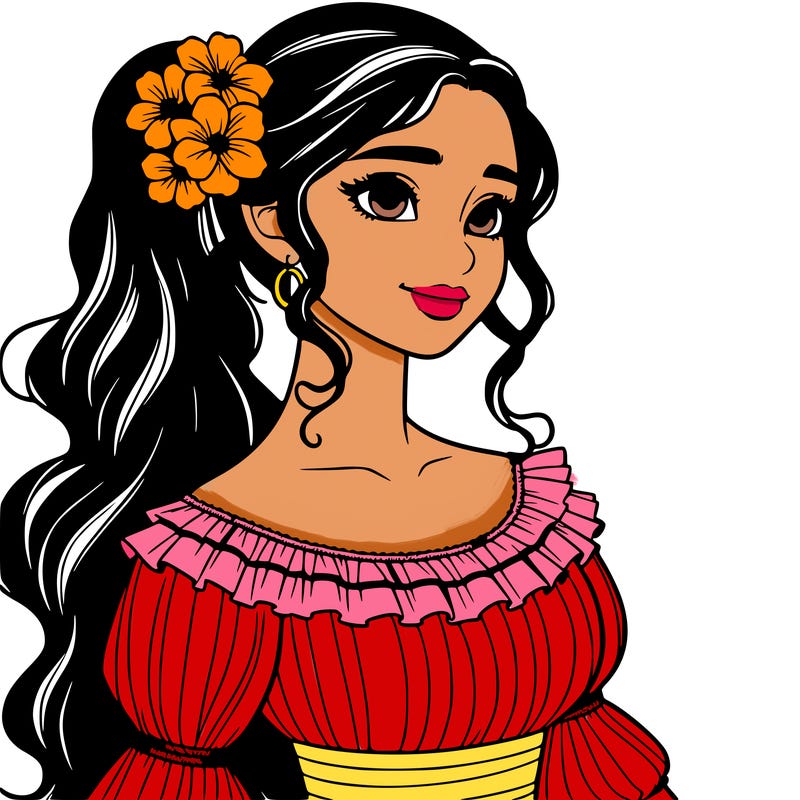 a single latina woman with a side ponytail and a long dress with ruffles. she has a few discreet flowers in her hair. realistic