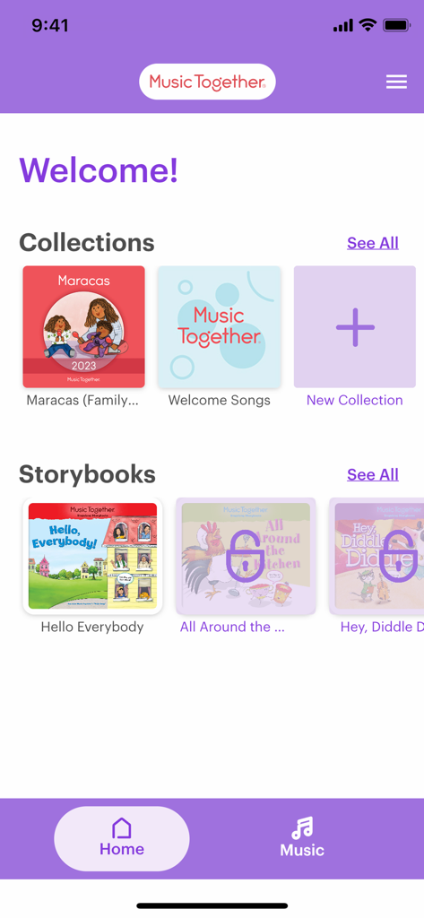 The home screen of the Music Together app showing music collections and singalong storybooks for children