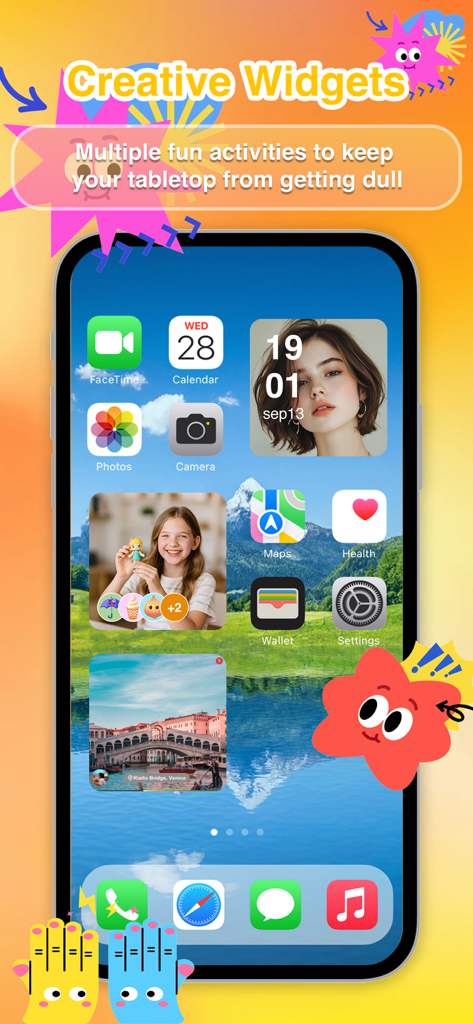 iPhone home screen featuring personalized photo widgets and a custom clock