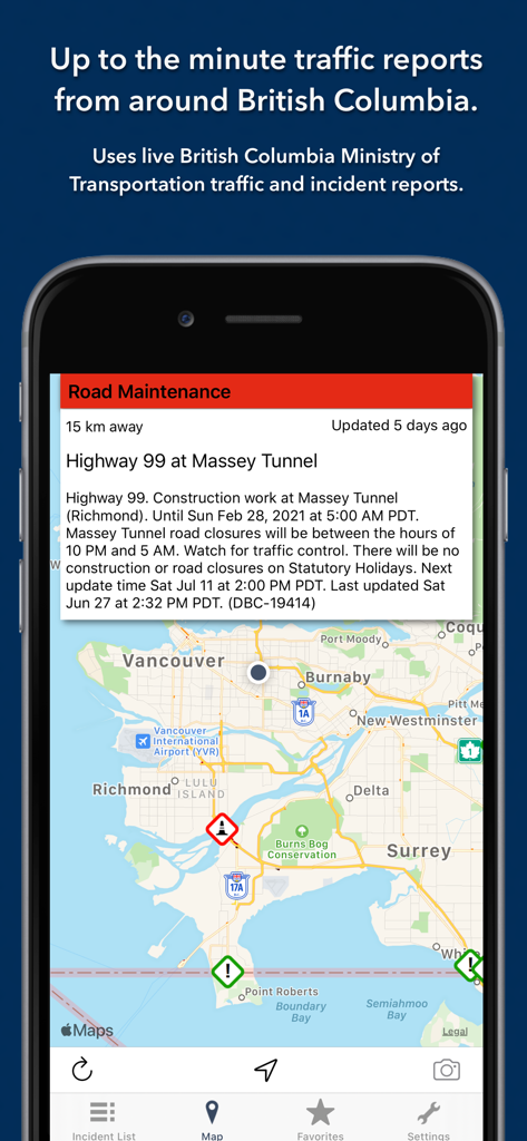 British Columbia Roads app showing a map with traffic incidents and road maintenance reports.