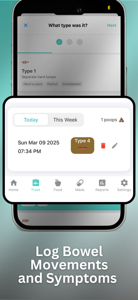 Poop Tracker - FlareCare AI - Una pantalla de teléfono inteligente que muestra la interfaz de la aplicación FlareCare AI para registrar deposiciones y síntomas.