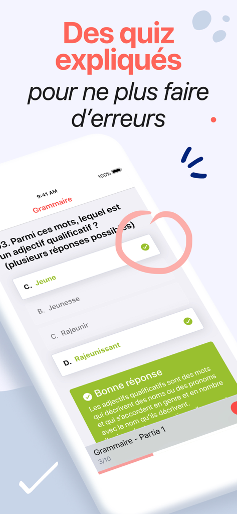 Orthographe : cours et quiz - superOrthographeアプリのフランス語文法クイズのスクリーンショット。多肢選択問題と詳細な回答説明が表示されています。