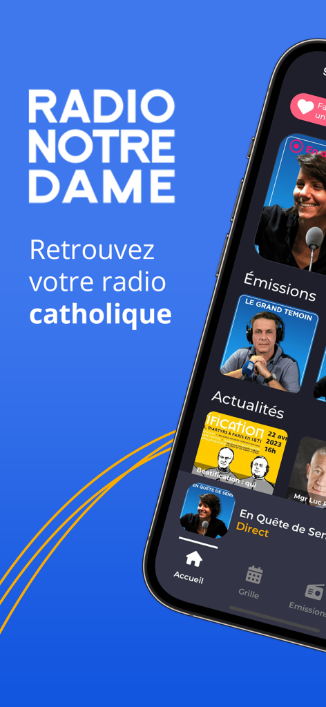 Interface do aplicativo católico Radio Notre Dame com programas e notícias