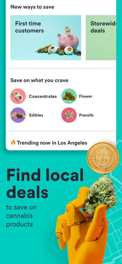 Weedmaps mobile app interface showing local deals and discounts for various cannabis products.