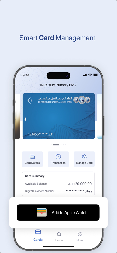 Arabi Islami Mobile - Interfaz de gestión de tarjetas inteligentes de la aplicación Arabi Islami Mobile mostrando detalles de la tarjeta de débito, saldo disponible e integración con Apple Watch