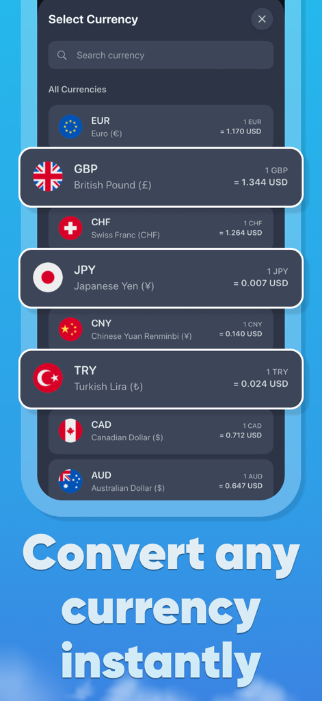 Interfaccia dell'app TripBudgy che mostra un elenco di valute mondiali con tassi di conversione istantanei per la gestione del budget di viaggio.