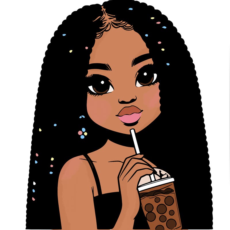 realistic girl holding a boba with braided hair