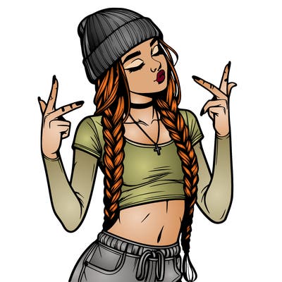 realistic teenage girl with braids and a beanie and crop top doing 🫶🏼