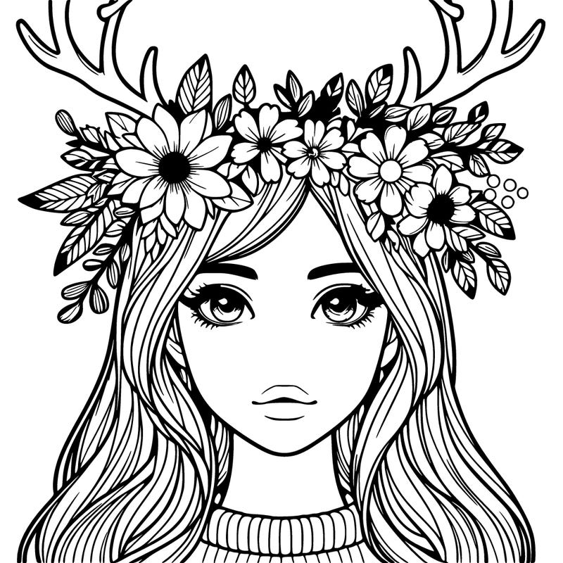 realistic girl with flowers crown and antlers
