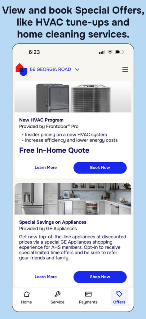 American Home Shield app interface showing special offers for HVAC tune-ups and appliance savings.