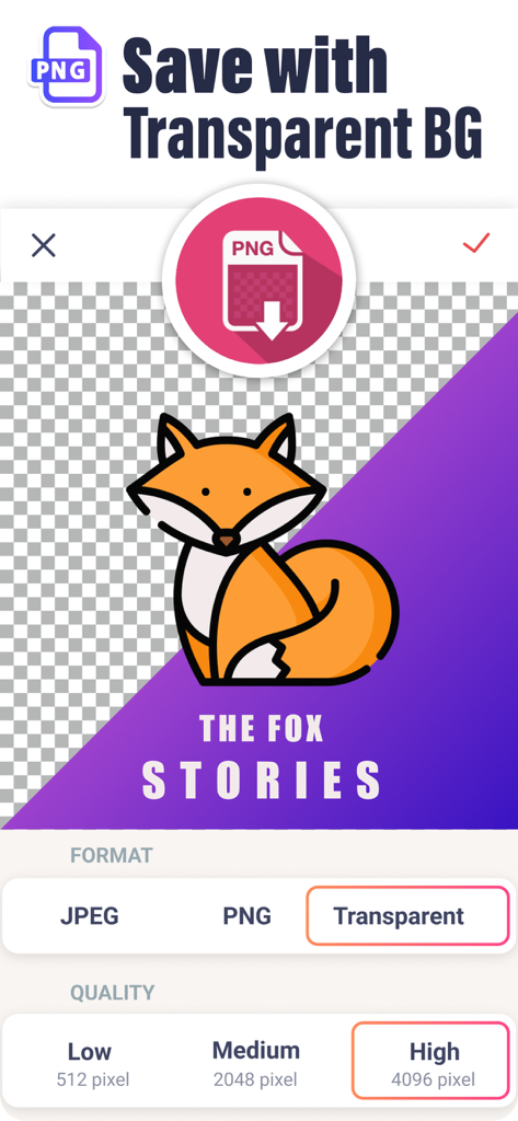 Logo Creator - Logo Maker App - Interface showing the option to save a fox logo with a transparent background in high resolution