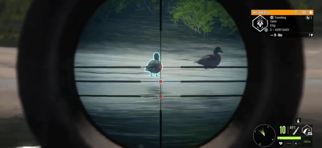 Hunting Games Bird Hunter 2025 - A view through a sniper scope at a duck in a hunting simulation game