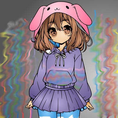 pretty anime girl wearing a fluffy hoodie with bunny ears on the hood and a skirt