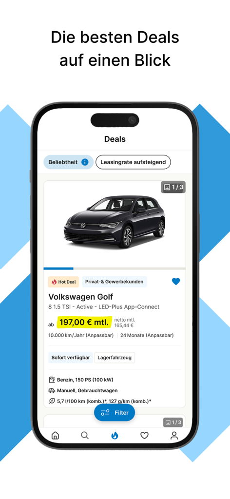 Mobiler App-Bildschirm von LeasingMarkt.de, der Auto-Leasing-Angebote für einen Volkswagen Golf zeigt.
