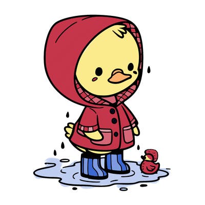 baby duck in a rain coat and boots, in a puddle while it’s raining