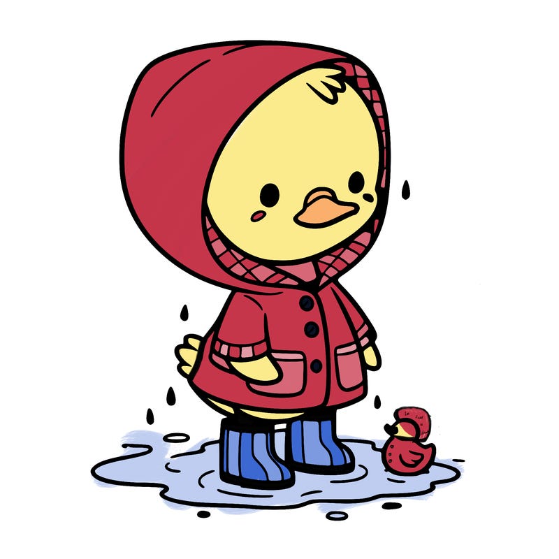 baby duck in a rain coat and boots, in a puddle while it’s raining