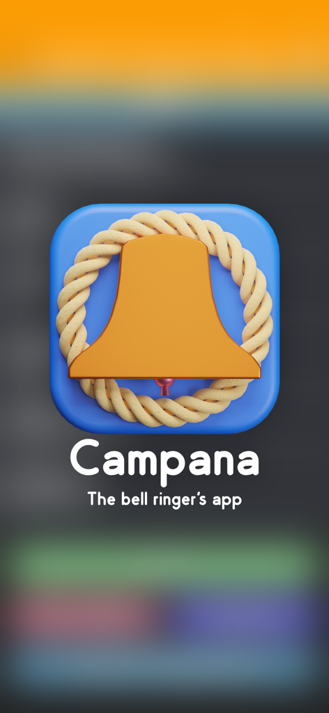 Campana - Tela de introdução do aplicativo Campana com um logotipo de sino dourado e o subtítulo O aplicativo dos tocadores de sinos