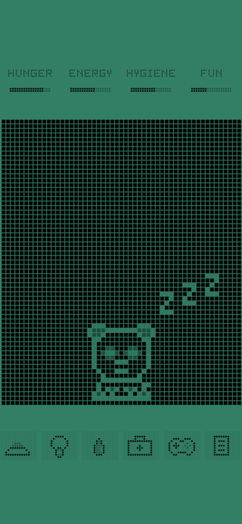 A retro-style pixelated virtual pet sleeping in the Wildagotchi app with status bars for hunger, energy, hygiene, and fun.