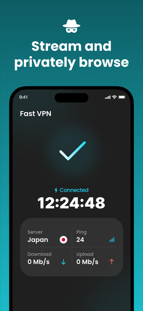 VPN - Fast VPN 360 Unlimited - Interface of the Fast VPN 360 app on an iPhone showing a successful connection to a server in Japan with a checkmark and timer.