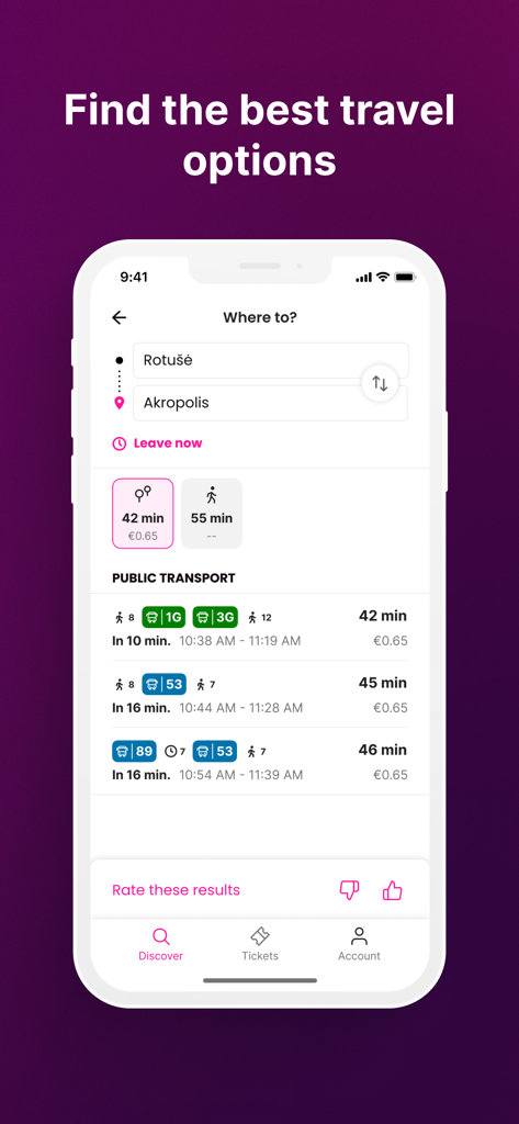 Trafi - Interface do aplicativo Trafi exibindo várias rotas de transporte público e tempos de viagem para deslocamento na cidade.