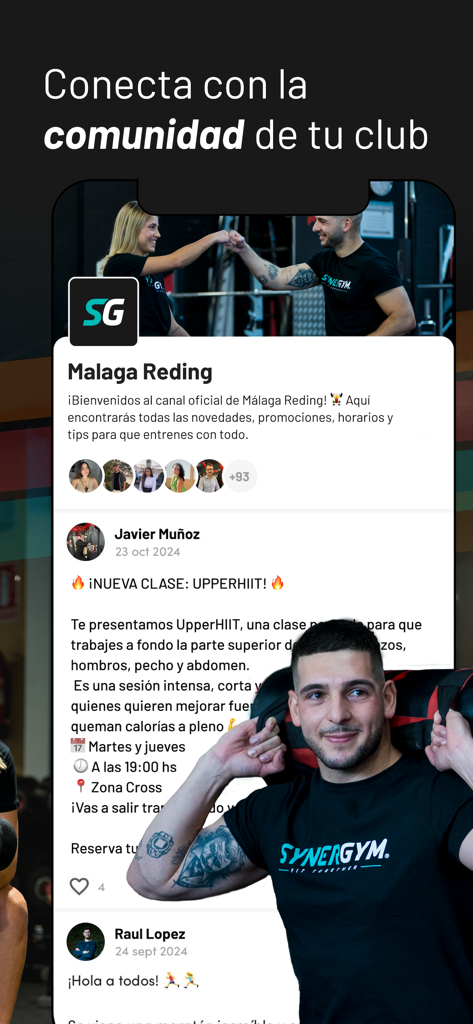 Synergym mobile app screen showing a gym community feed with member updates and class announcements
